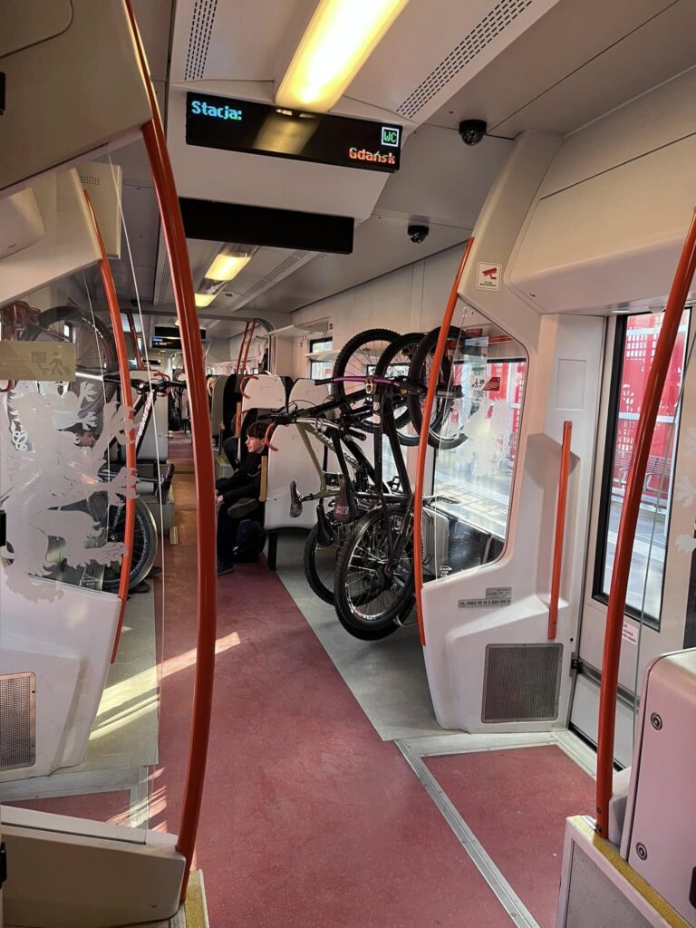 On the train, bike racks!